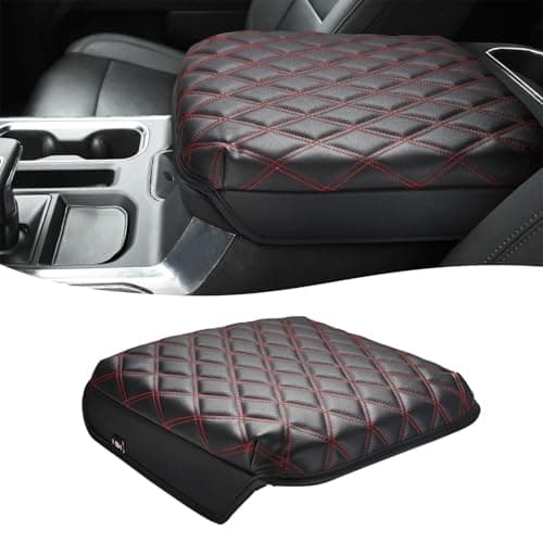 KBH Center Console Armrest Cover for Chevy Silverado & GMC Sierra 2019-2025, Tahoe & Suburban & Yukon 2021-2025 Bucket Seat, Vinyl Leather Trim, Black-Red Double Stitch