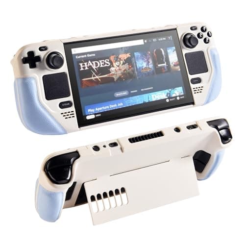 UYIYE Steam Deck OLED Case with Ergonomic Grip & Kickstand, Shockproof Protective Cover Compatible with Steam Deck OLED & LCD (2022/2023), Anti-Slip Slim Fit Shell with Heat Dissipation - Beige/Blue