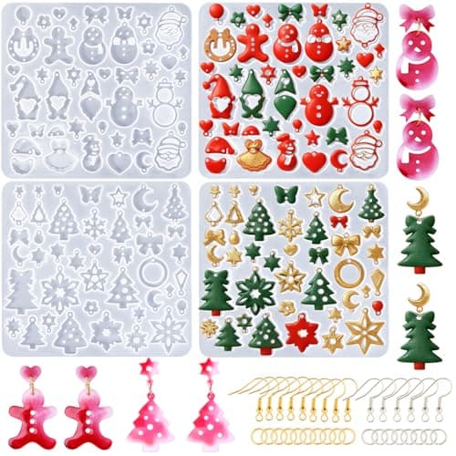 Christmas Resin Earring Molds DIY Kit 4 Pack Holiday Silicone Molds with Santa Claus Gnome Snowmen Xmas Tree Snowflake for Festive Jewelry Making Craft Ornaments Keychains with 200pcs Hooks Rings