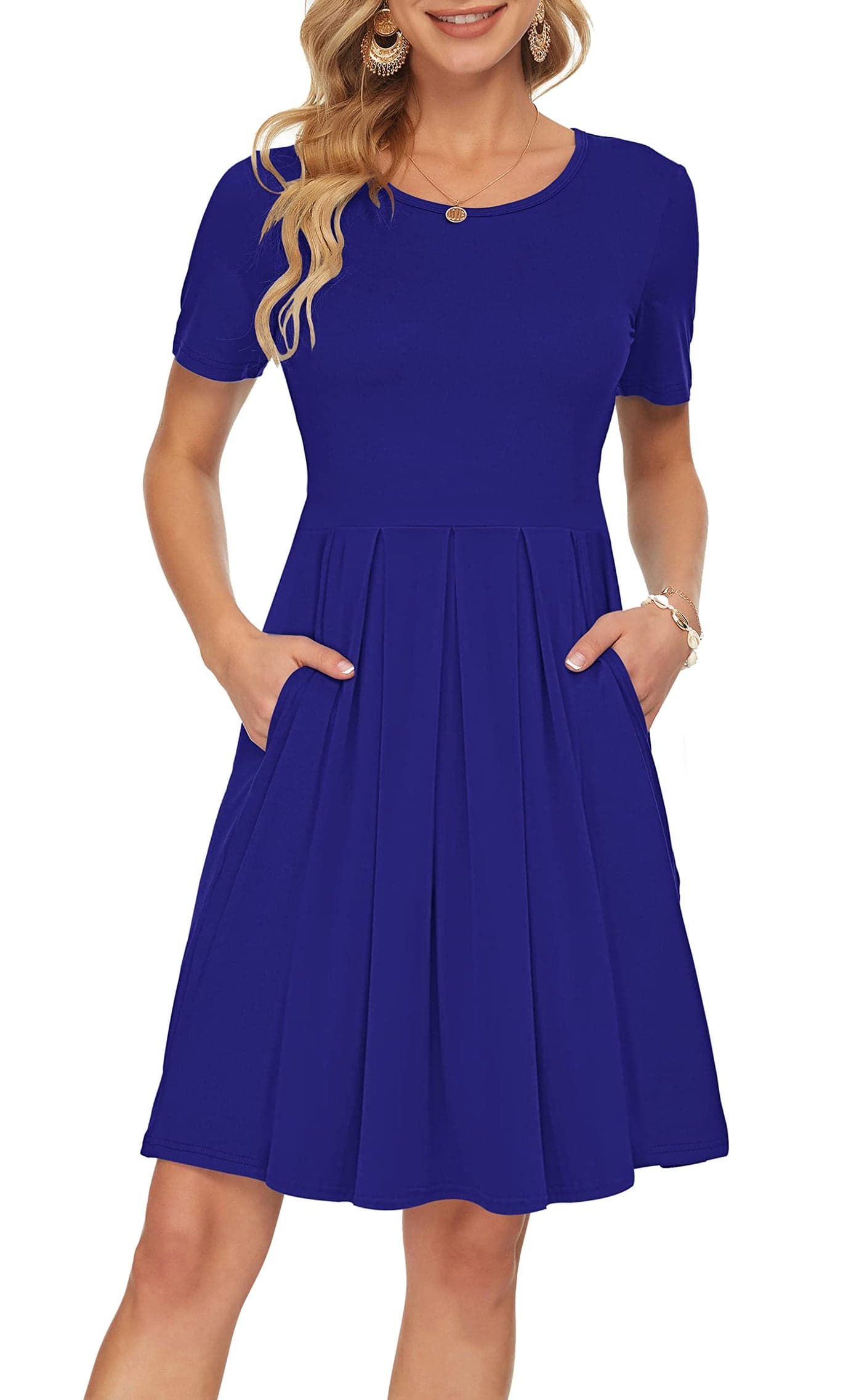 AUSELILY Womens Short Sleeve Summer Dress Pleated Loose Swing Knee Length Dresses with Pockets 2025 New Royal Blue M