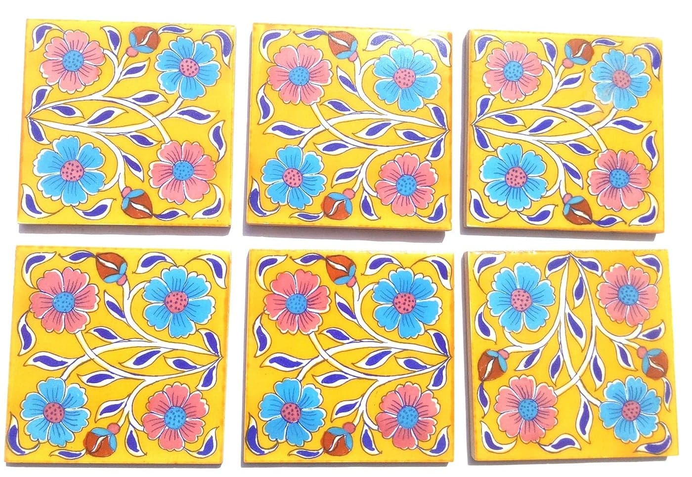 Shiv Kripa Blue Pottery Ceramic Handmade Tiles 4 x 4inch Multicolour Pack of 6