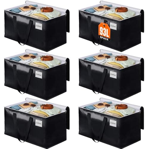 BlissTotes Collapsible Moving Bags - Heavy Duty Boxes with Zippers and Handles, Space Saving Packing Totes for Moving Supplies Storage (93L, 6-Pack, Black)