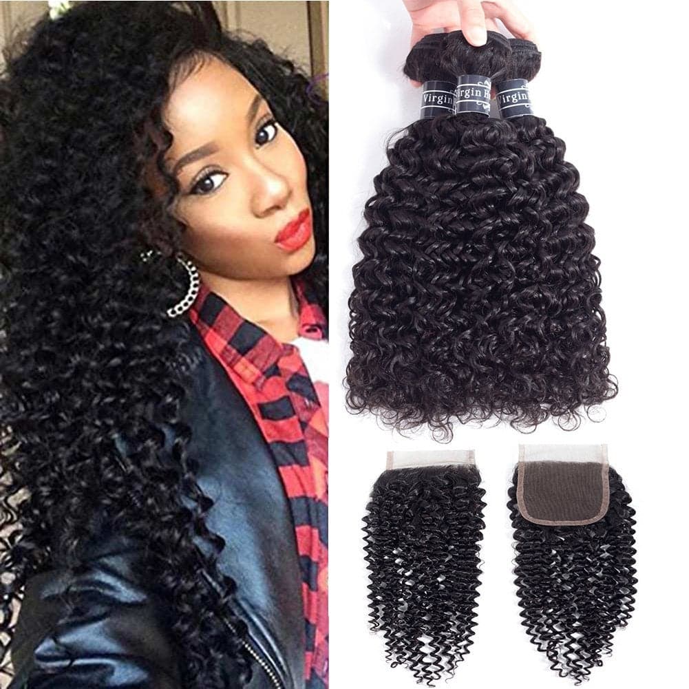 Amella Hair Brazilian Curly Virgin Hair Weave 3 Bundles with 4X4 Lace Closure 8A Brazilian Kinky Curly Hair Weave Bundles Natural Color12 14 1610Free Part Closure