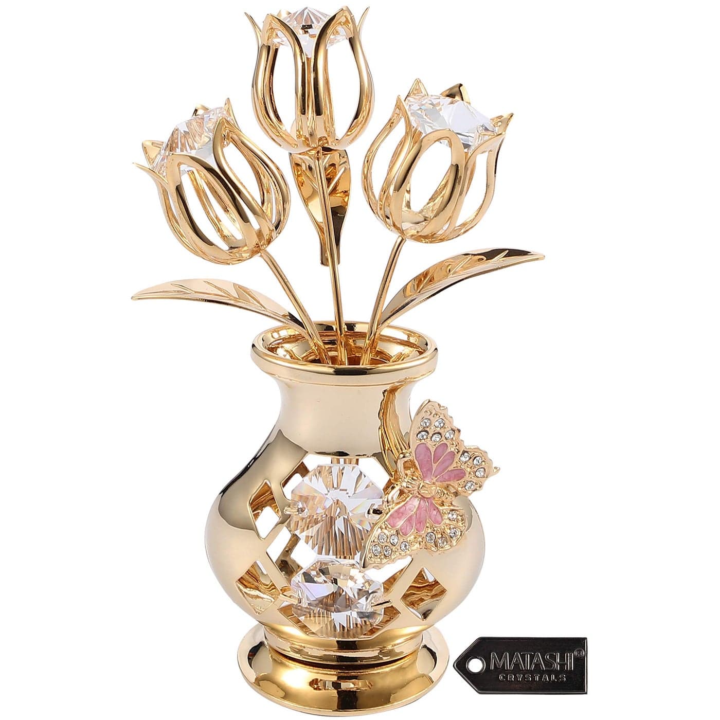 Matashi Valentines Day Gift for Women Girlfriend Crystal Flowers Bouquet 24K Gold Plated Figurines Table Centerpiece Gift for Her Mom Daughter Grandma Aunt Decorative Butterfly Studded Gift