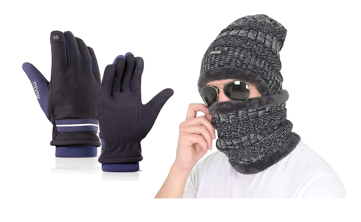 HIVER Winter Knit Beanie Cap Hat Neck Warmer Scarf and Waterproof Touchscreen teslon gloves, Winter gloves,Snow gloves for minus degrees, Men's and Women's Woolen Skull Cap (Large, Grey)