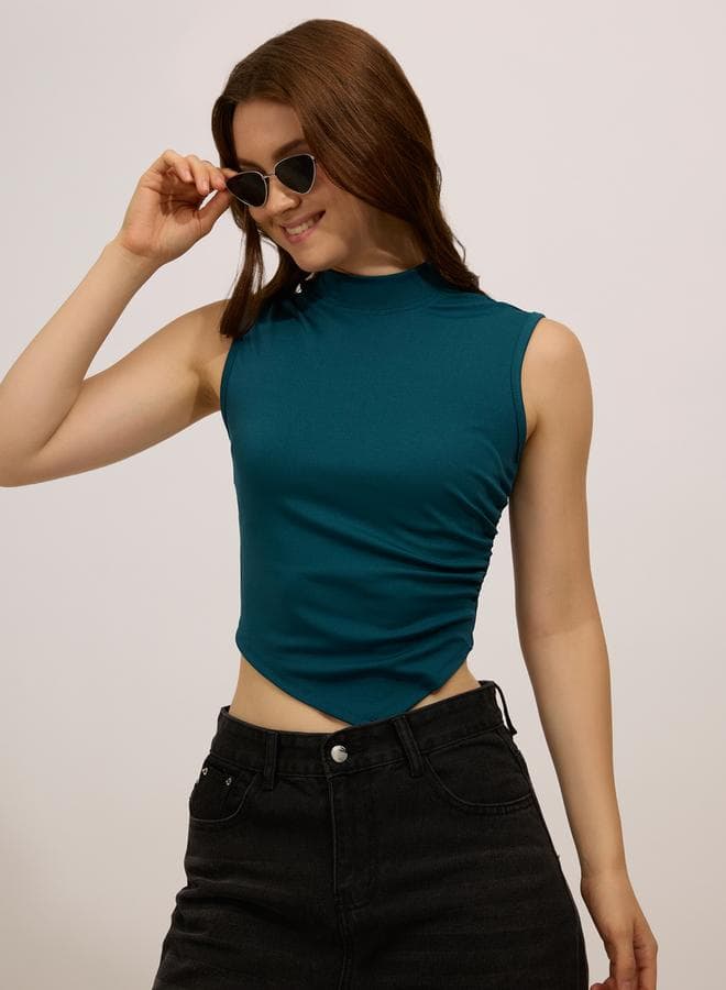 Teal High Neck Side Ruched Top — L