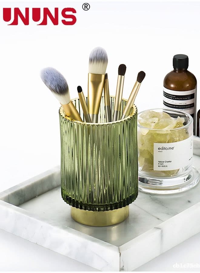 Makeup Brush Holder Organizer,Glass Brushes Storage Holder,Vintage Make Up Brush Cup Pen Holder Striped Vase,Green