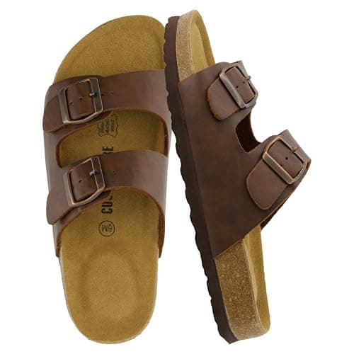 CUSHIONAIRE Lane Cork Footbed Sandals for Women – Comfortable Double Buckle Slip-On with Genuine Suede Footbed & Arch Support Slides for Women Footwear, Brown Oily 8.5