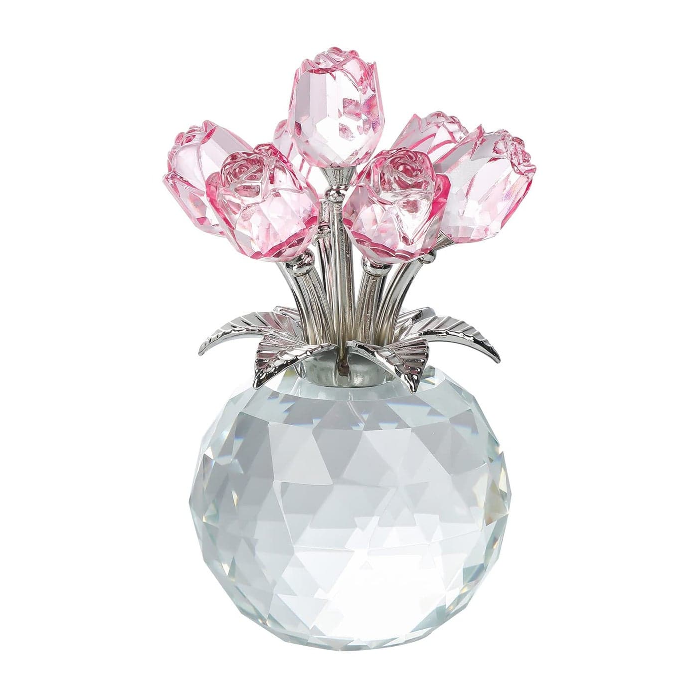 Movdyka Pink Rose Flower Crystal Figurine with Vase Bouquet Flowers Ornament Gifts for Wife Girlfriend Women Handmade Crystal Flower Collectible Home Table Decor for Wedding Anniversary