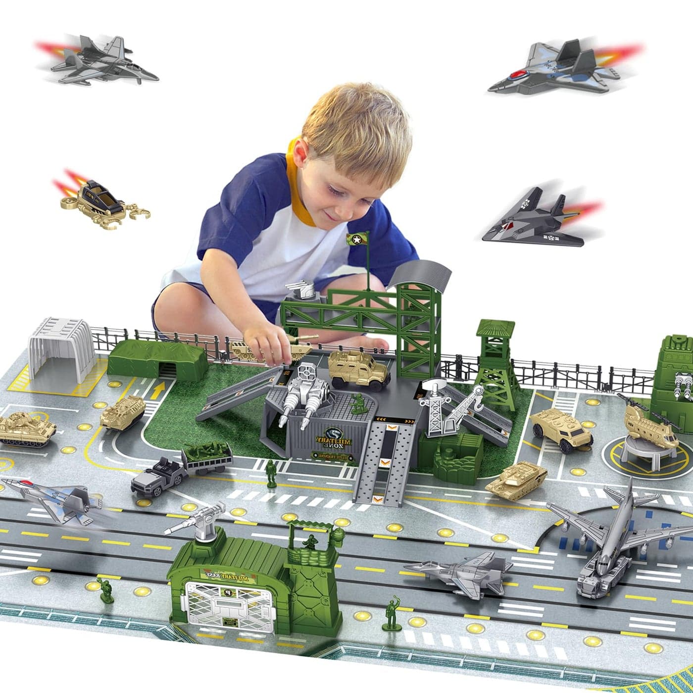WASAiKA Military Base Toy Sets, Army Men Action Figures, Airplane Toy, Tank, Helicopter, Vehicles Accessories and Base Play Map, Birthday Gift Toys for Boys