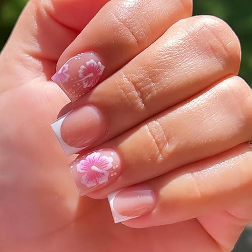 Quezadyl 24Pcs White French Flower Press on Nails Square Glossy Acrylic Nails with Hibiscus Design Full Cover Stick on Nails for Women DIY Manicure