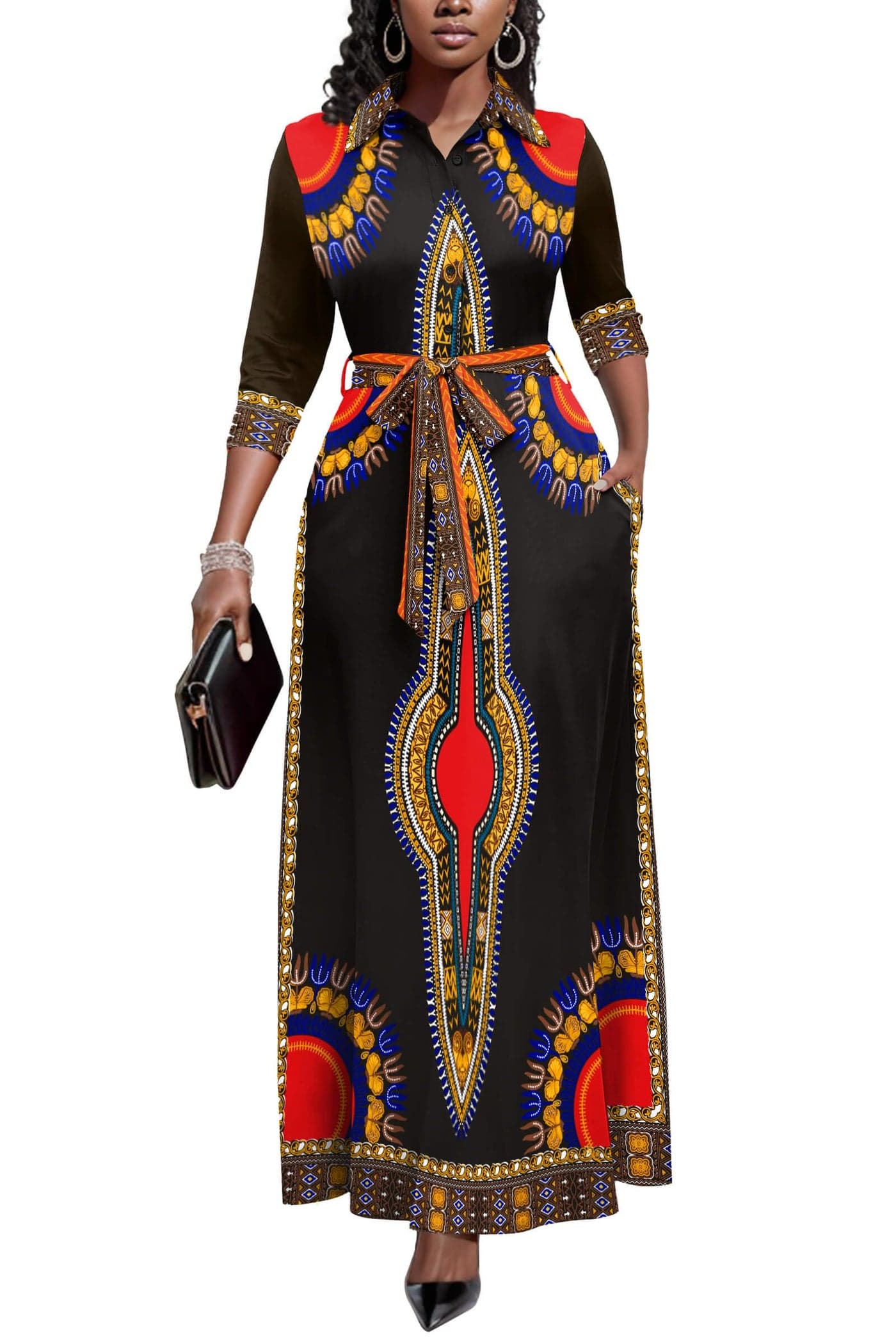 Runwind Women Maxi Button Down 34 Sleeves Print Dress Casual with Pockets and Belt Black Print M