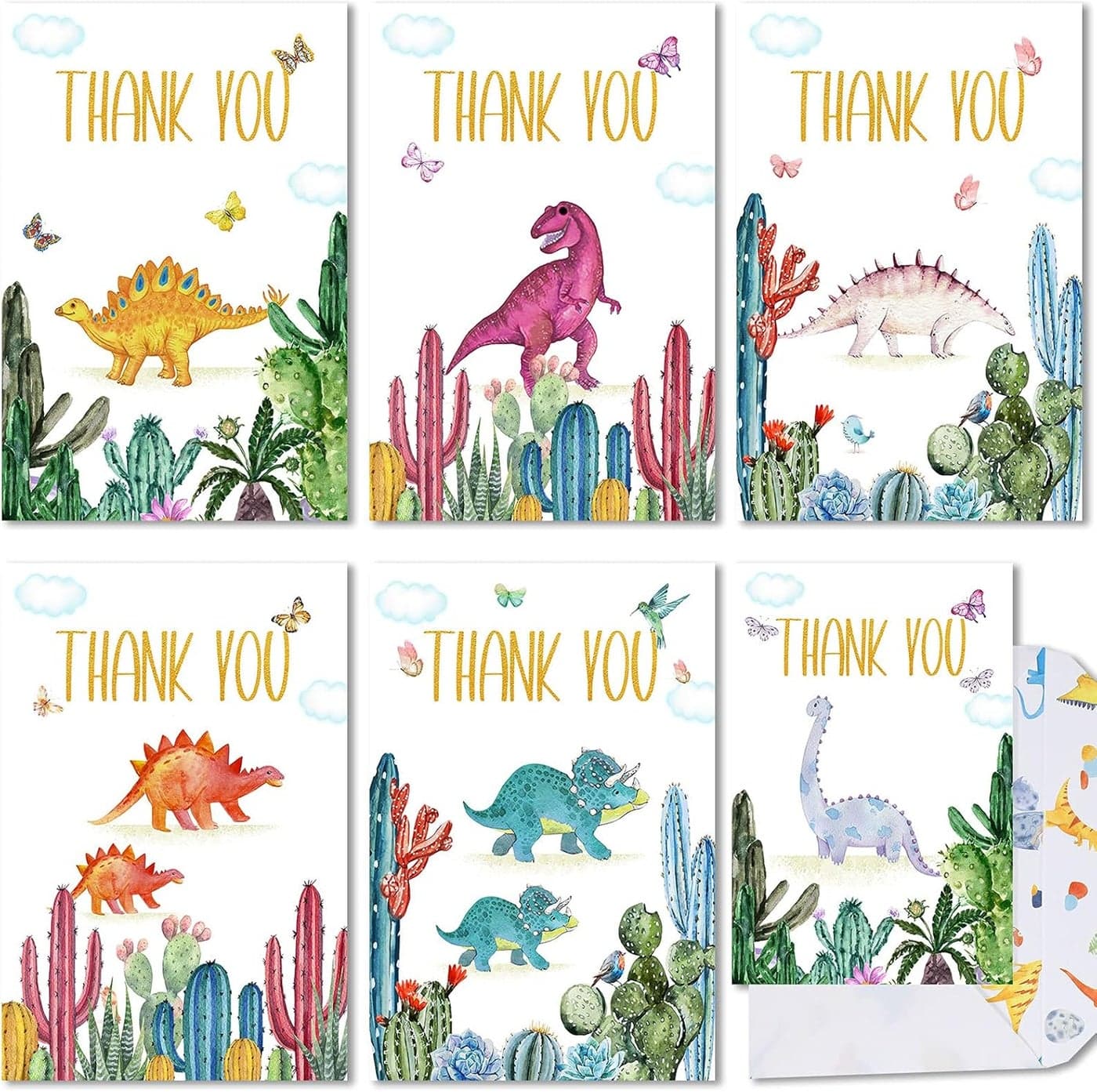 72 Pcs Dinosaur Thank You Cards Includes 36 Pieces Dinosaur Envelopes and 36 Pieces Cactus Dino Thank You Cards 47 x 62 Inches Watercolor Dino Blank Notes for Baby Shower Kids Birthday Party