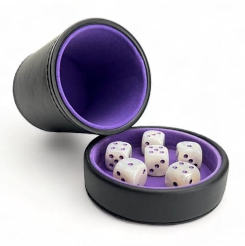 Luck Lab Leather Dice Cup with Lid Including 6 Matching White Pearl and Purple Dice Purple Velvet Interior for Quiet Shaking Use for Liars Dice Farkle Yahtzee Board Games Black
