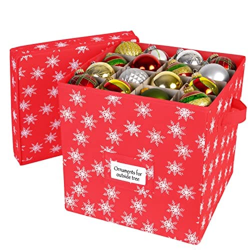 HOLDN’ STORAGE Christmas Ornament Storage Box with Lid - Christmas Decor Storage Containers that Store up to 64 Holiday Ornaments - Red/White Snowflakes