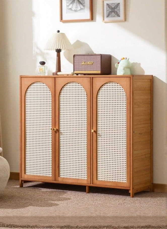 Rattan Storage Cabinet with 3 Doors,Boho Sideboard Buffet Cabinet Solid Wood Farmhouse Credenza Cabinet Dustproof Display Cabinet Locker Bookcase Display Shelves with Adjustable Shelves for Living Room Kitchen Entryway Hallway