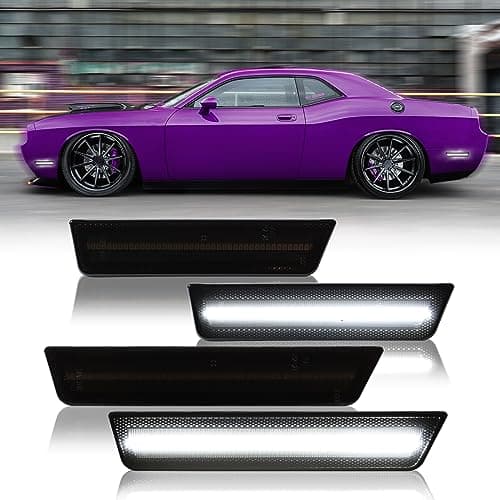 DERMOKA LED White Side Marker Lights Front Rear Bumper Signal Lamp Reflectors for 2008-2014 Dodge Challenger Smoked Len, 4PCS