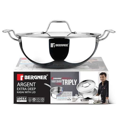 BERGNER Argent Triply 34cm (9.1 Liters) Deep Kadai with Stainless Steel Lid, Consumes Less Oil, Healthy Cooking, Sturdy Stay Cool Cast Handles, Even Heat Distribution - Induction and Gas Stove Ready