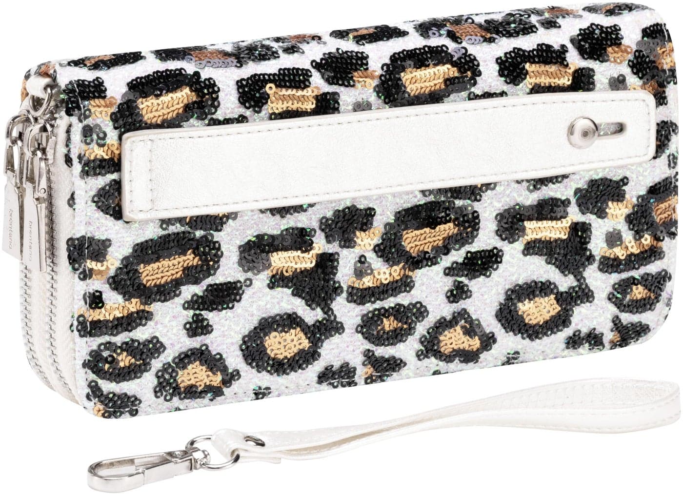 B BRENTANO Sequins Double Zipper Pocket Wallet with Grip Hand Strap RFID Blocking (SQ LEOPARD WHITE)