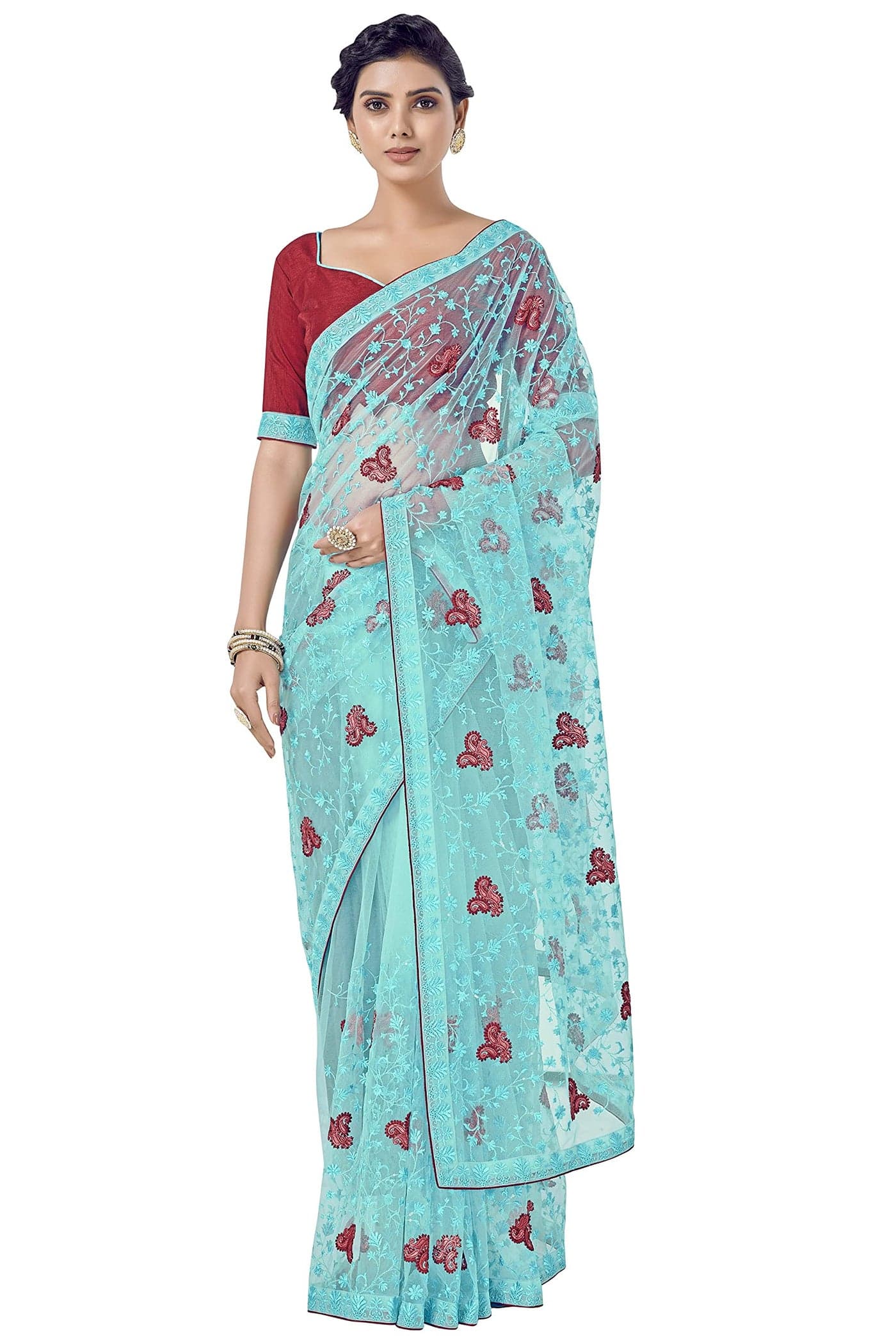 Glory Sarees Women's Net Saree with Embroidery Work (Luxury130_Firozi)