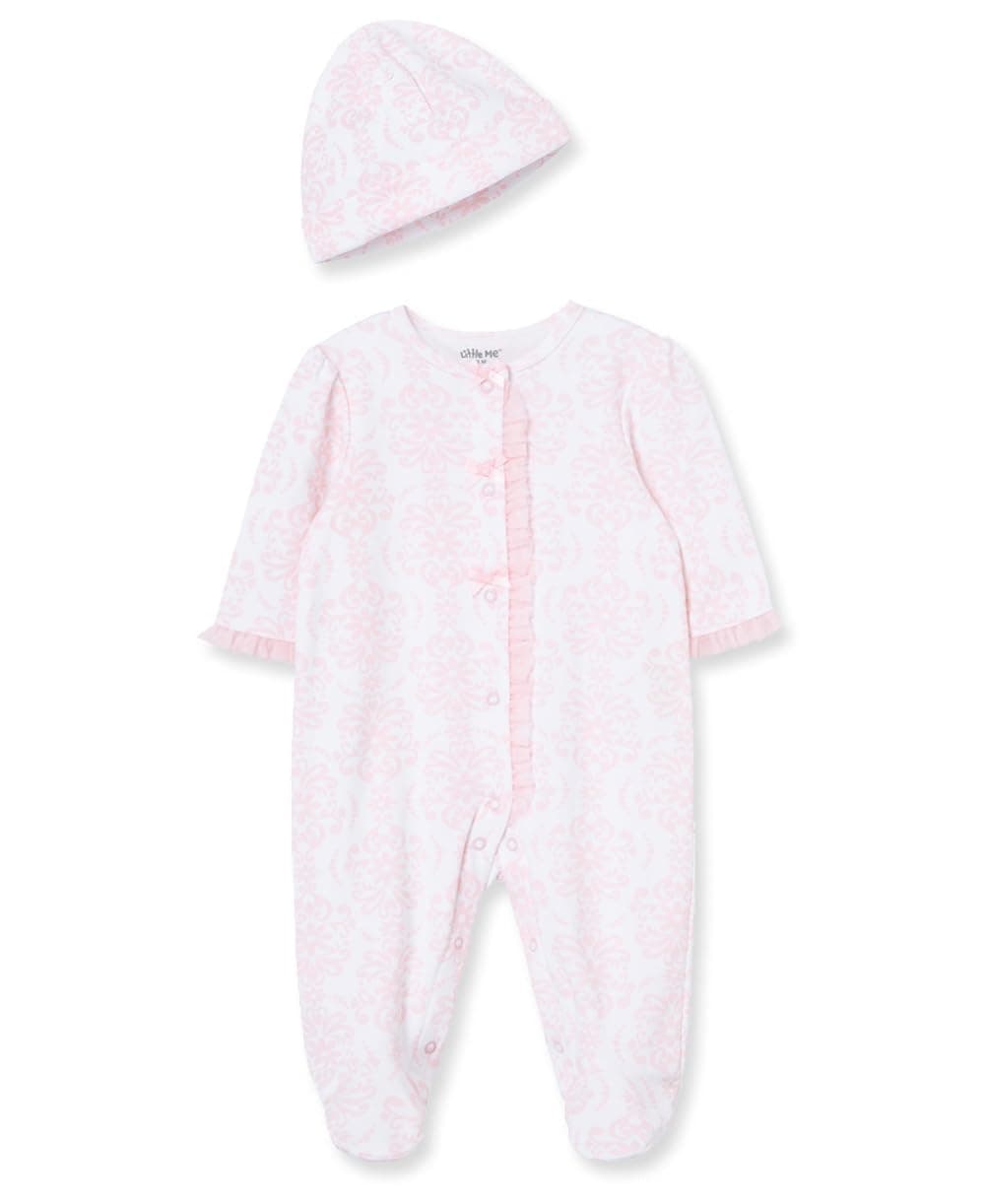 Little Me Baby Clothes & Outfits - Girls One Piece Hat & Footed Sleeper Pajamas - Preemie, Damask Scroll