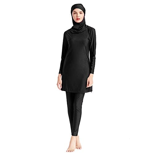 ODIZLI Women Modest Muslim Swimsuits Islamic Arabic Swimwear Burkini Tankini Sets Womens Long Sleeve Top Pants with Hijab Swim Cap Wetsuit 3 Piece Rashguard Surfing Beachwear Bathing Suits Black 3XL