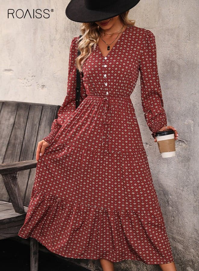 Women's V-neck Midi Dress Retro Floral Print Long-Sleeve Dress High-waisted Design with Ruffled Hem Elegant Vintage Skirt Zipper-free Design Perfect for Fall Outfits, Burgundy