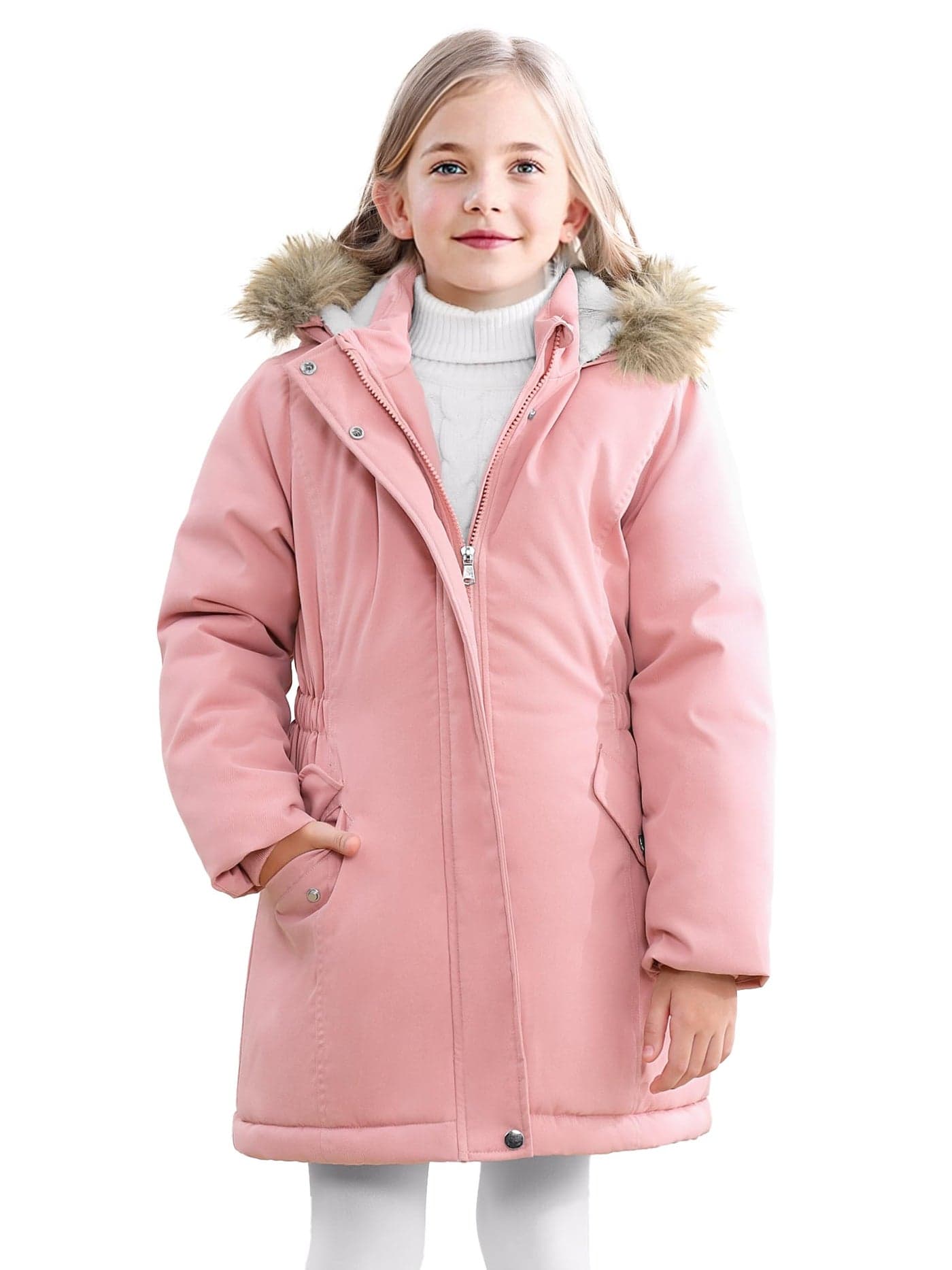 XMWEALTHY Girls Long Winter Coat Warm Puffer Down Jacket Kids Parka Hooded Thicken Snow Fleece Lined Outerwear Pink 13-14Y