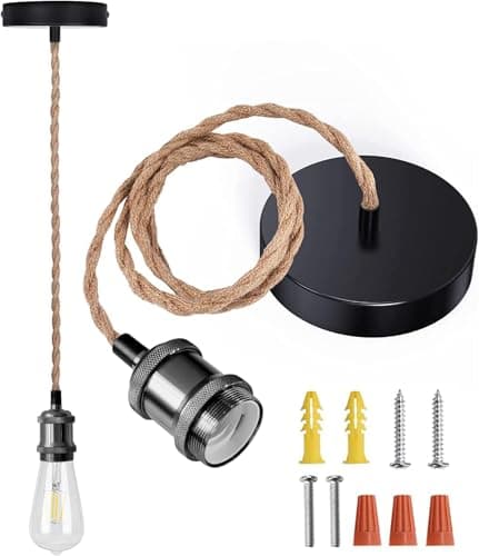 JACKYLED UL Boho Pendant Light Kit Hemp Rope Light Fixture with Adjustable Hanging Light Cord E26 E27 Light Socket Vintage Ceiling Light for DIY Kitchen Island Bedroom Farmhouse