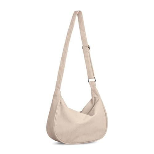 FITDON Corduroy Crescent Crossbody Bag for Women Men, Small Sling Hobos Crossbody Bag Dumpling Bag Crescent Purse with Adjustable Strap, Beige