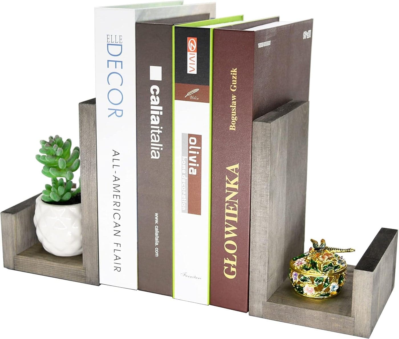 OwlGift Vintage Gray LShaped Solid Wood Bookends Decorative Bookends wBlackTone Metal Supports NonSkid and Sturdy to Hold Heavy Books 1Pair