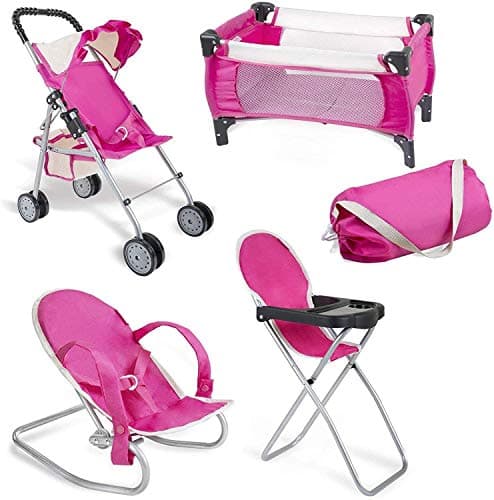 fash n kolor 4 Piece Pink Baby Doll Set Includes 1 Pack n Play with Carry Bag 2 Doll Stroller 3 Doll High Chair 4 Infant Seat