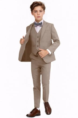Toddler Boys Suits Set Formal Kids Tuxedo Suits Classic Khaki 5 Pcs Slim Fit Dresswear Suit for Wedding Communion Ring Bearer Boys Kid Outfit Size 12