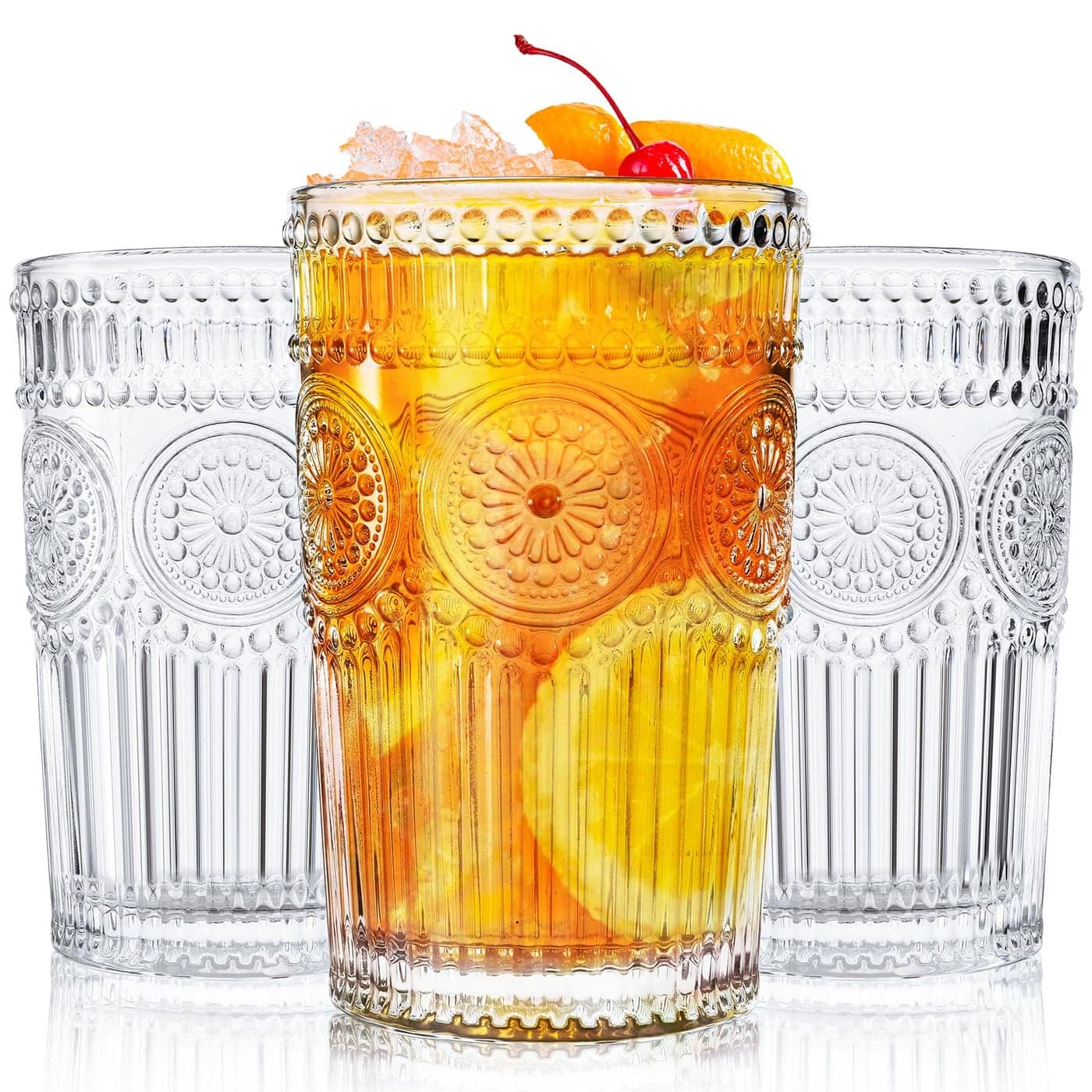 Kingrol 6 Pack 12 oz Romantic Water Glasses Premium Drinking Glasses Tumblers Vintage Glassware Set for Juice Beverages Beer Cocktail