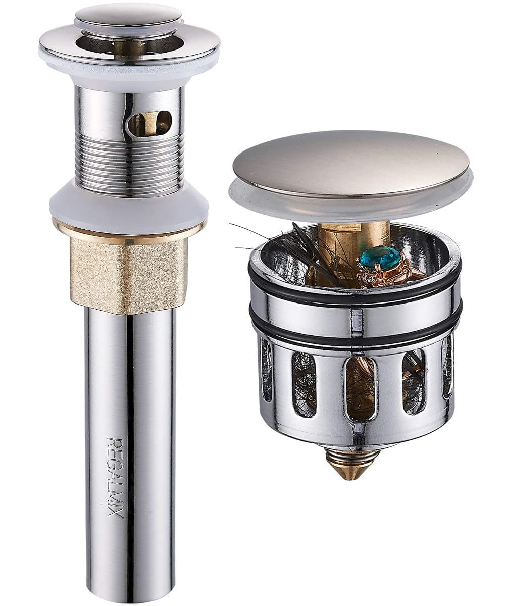 REGALMIX Vessel Sink Drain, Bathroom Faucet Vessel Sink Pop Up Drain Stopper, Built-In Anti-Clogging Strainer, Brushed Nickel with Overflow,Fits Standard American Drain Hole(1-1/2" to 1-3/4") R086J-BN