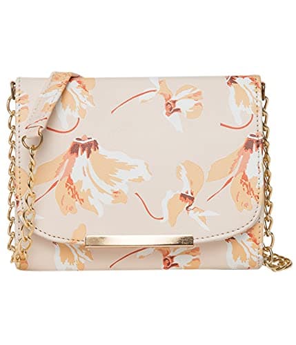 ADISA Women Girls Crossbody Sling Bag with Gold Chain Strap - Floral Print Crossbody Bag for Women - Cream Colour Shoulder Bag
