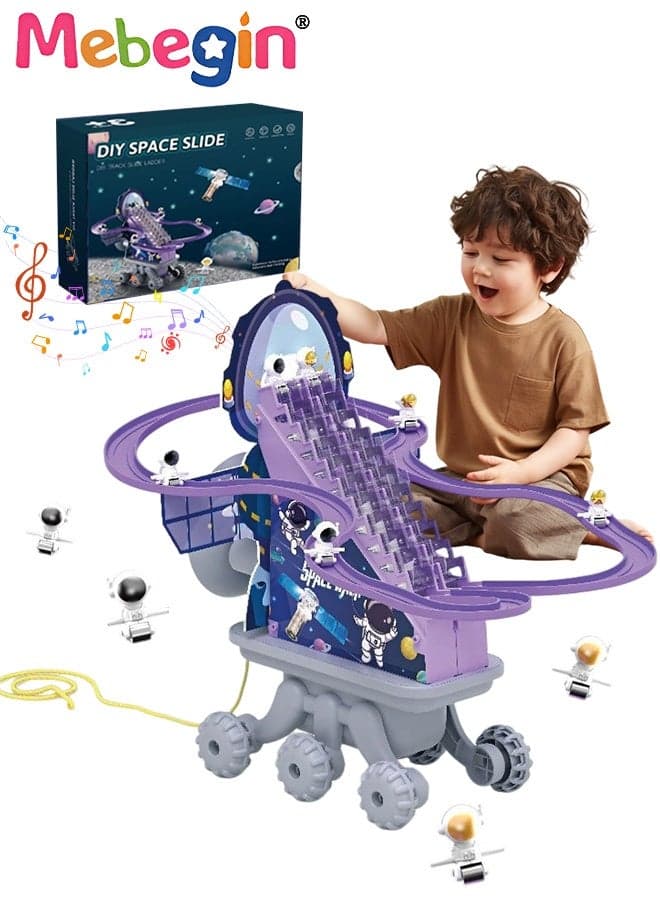 Space-themed Slide Toy Set, Escalator Toy with Rope and Wheels, Automatic Stair-climbing Track Set, DIY Space Slide Toy with Lights and Music, Creative Electric Toys, Fun Pull Toy, Ideal Gift for Kids Aged 3+