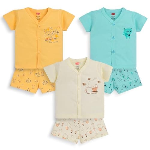 LuvLap Baby Boys & Baby Girls Pack Of 3 Printed Half Sleeve Jhabla & Shorts Set 100% Cotton, M (3 to 6 Months), Assorted