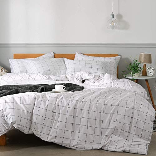 JELLYMONI 100 Natural Cotton 3pcs Plaid Duvet Cover SetsWhite with Black Grid Geometric Pattern Printed Comforter Coverwith Zipper Closure Corner TiesFull Size