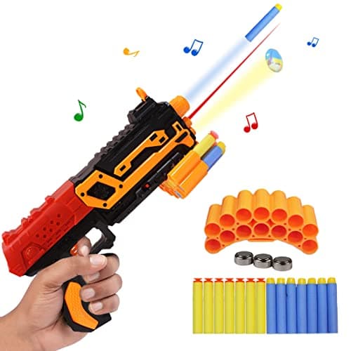 Wembley Blaster Guns with Laser Light & Music, Foam Bullets with 14 Foam Bullets for Guns, Shooting Game Toy for Indoor Outdoor, Battery Operated Musical Gun Toy for Kids Boys 6+ (Orange)