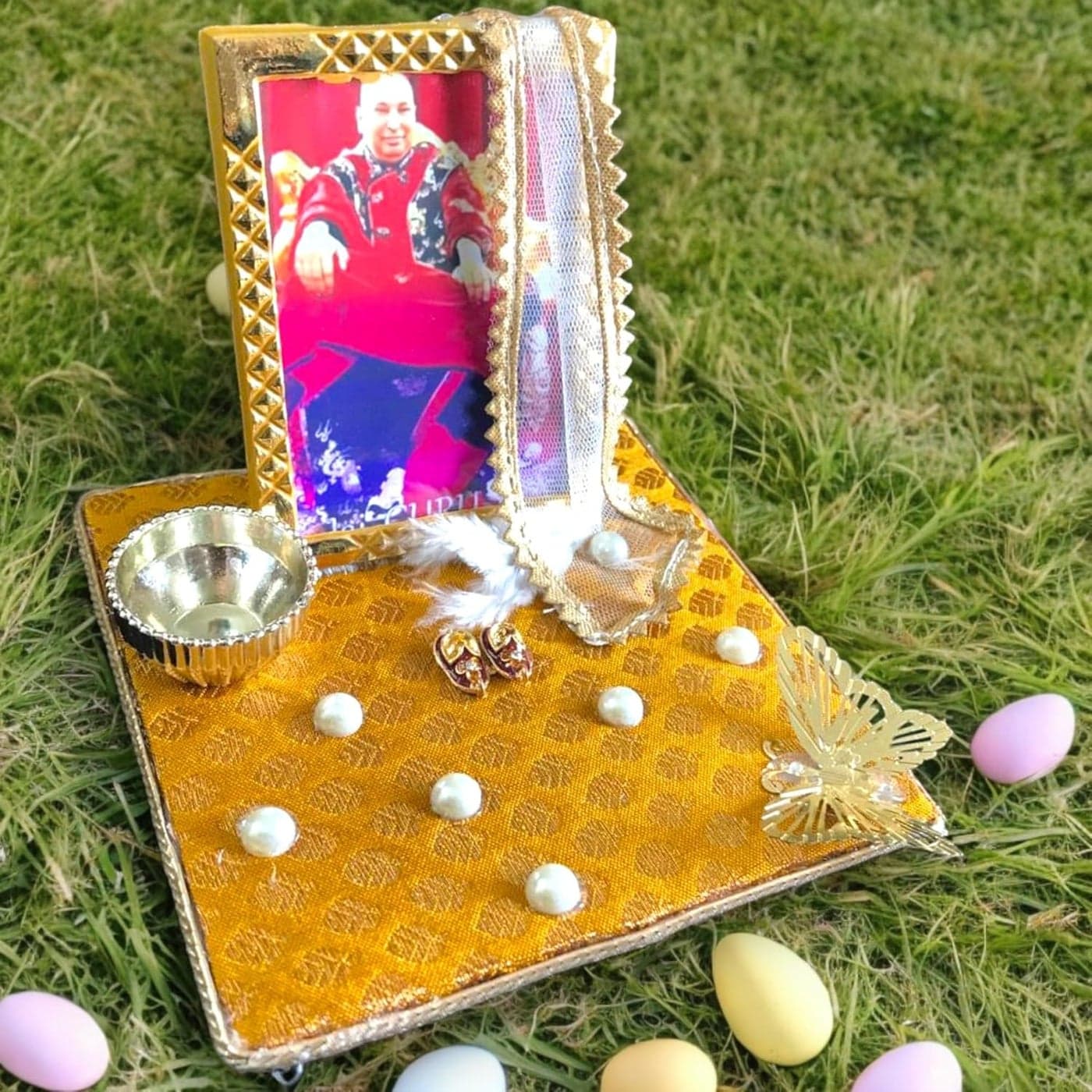 Tickle Cart Guruji Darbar Guruji Swaroop Golden Butterfly Feather and Charan Paduka Scented Wood Premium Fabric Color Yellow Red Swaroop