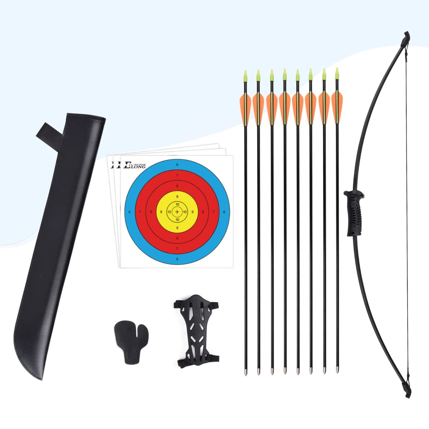ELONG Recurve Bow and Arrow Set Outdoor Youth Junior Archery Beginner Training includes 8 Arrows, Armguard, Quiver, Target Face, Finger Tab