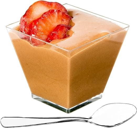 DLux 50 x 35oz Square Mini Dessert Cups with Spoons Clear Plastic Parfait Appetizer Cup Small Reusable Serving Bowl for Tasting Party Desserts Appetizers With Recipe Ebook