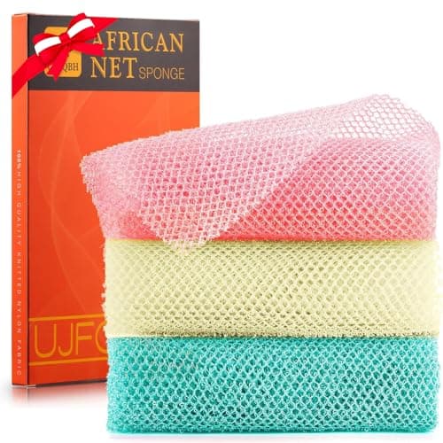 UJFQBH 3 Pieces African Net Sponge, African exfoliating net African Net Long Net Bath Sponge Exfoliating Shower Body Scrubber Back Scrubber Skin Smoother(Pink, Green, Off-White)