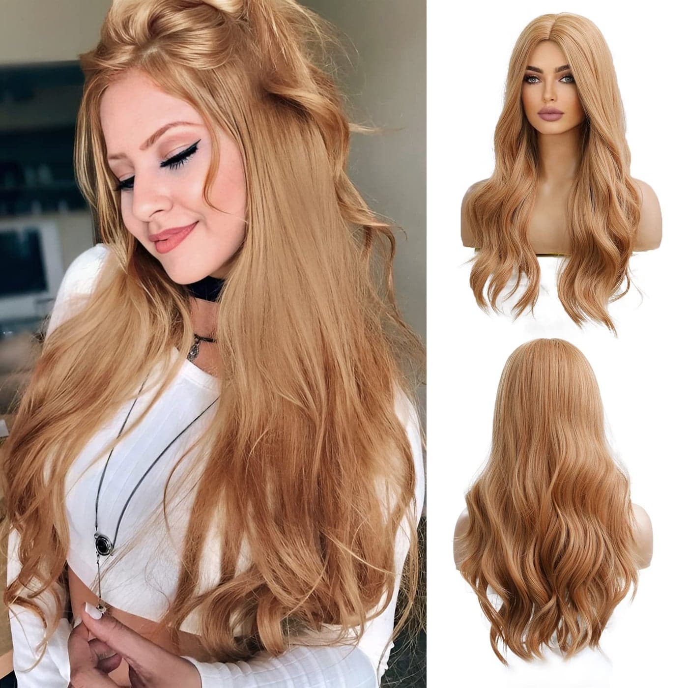 OUFEI Long Wavy Strawberry Blonde Wigs for Women Natural Synthetic Hair Heat Resistant Wigs for Daily Party Cosplay Wear24 Inches