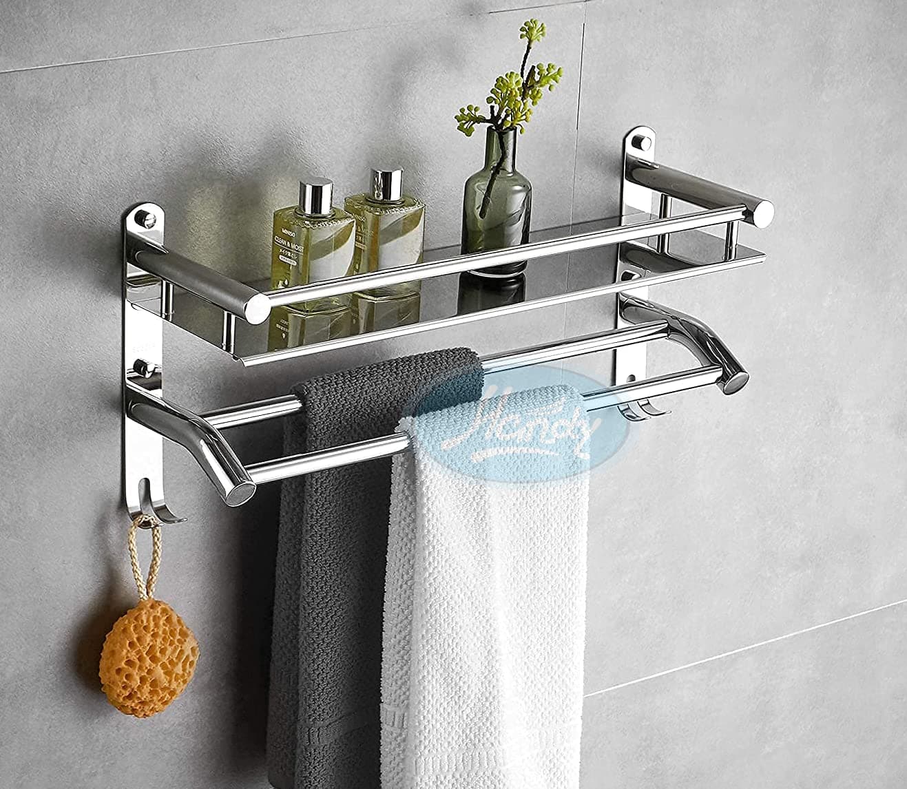 HANDY Stainless Steel Bathroom Accessories Luxurious 2 Layer Bathroom Shelf with Towel Rod and Hook Multipurpose Wall Mount Bathroom Shelves with Hook (Silver - 16 x 5 x 9 Inch)