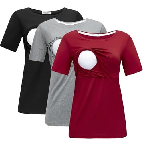 Bearsland Women's 3 Packs Maternity Nursing Tops Short Sleeve Breastfeeding Shirts,blackgrayred,L