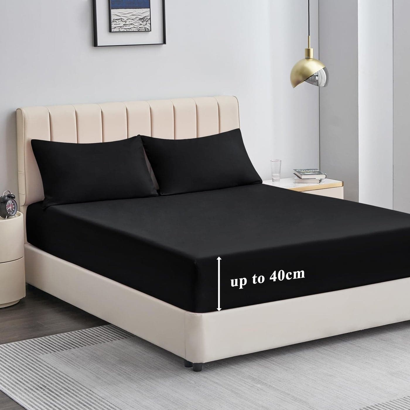 Aisbo King Size Fitted Sheet Black Extra Deep Pocket Bed Sheet 16 inch 40 cm Microfiber Bottom Sheet 150x200cm