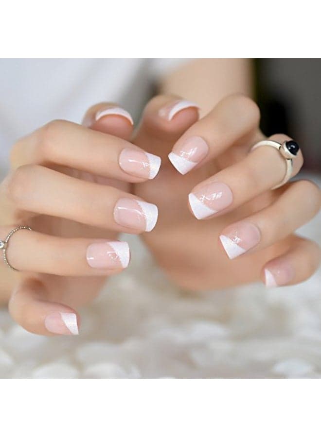 ELEVENAIL Medium Short Squoval Shimmer Glitter Decor French Press on Nail Tips Nude White False Fake Nails Salon Manicure Reusable Nails Art Tips DIY Faux Ongle Acrylic Artificial Wear Nails