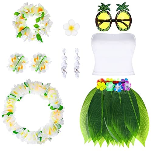 Hicarer 9 Pcs Hawaiian Costumes Accessories Women Luau Outfit Tropical Hula Grass Skirts for Luau Party Halloween Costumes (White,X-Large)